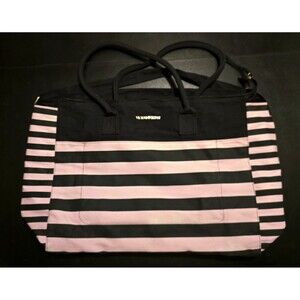 Victoria’s Secret Large Weekender Shoulder/Hand Bag Black Pink Stripes Zip Top